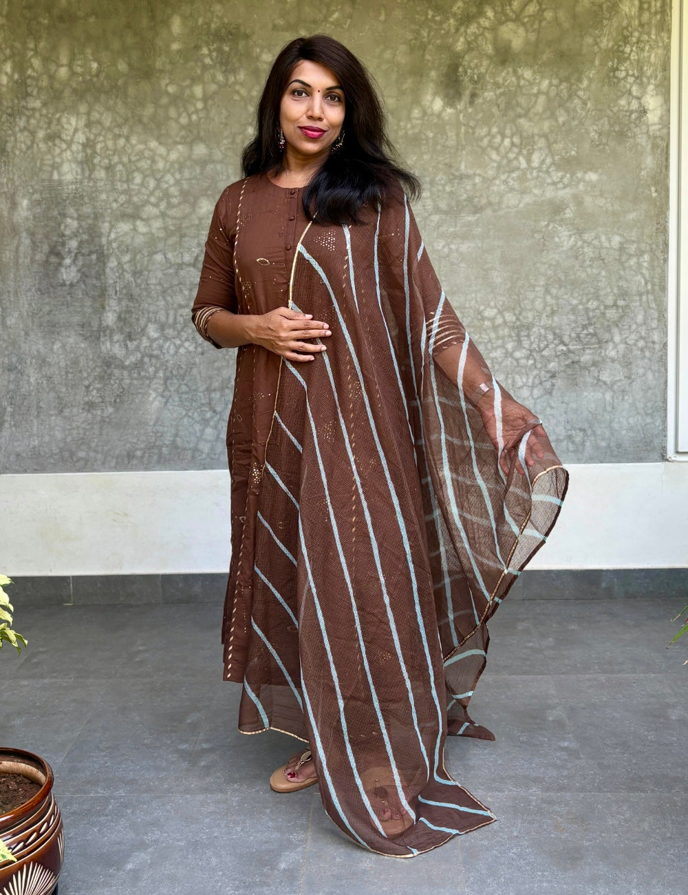 Gota Worked Cotton Aline Kurta Set with Kota Dupatta - Brown
