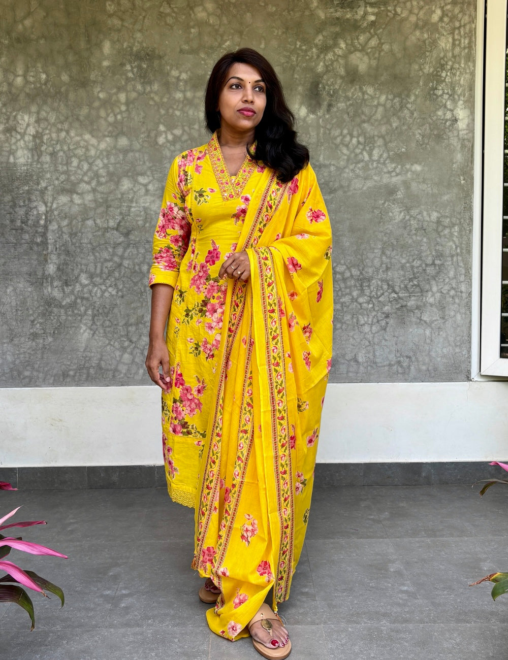 Floral Printed Soft Cotton Aline Kurta Set - Yellow