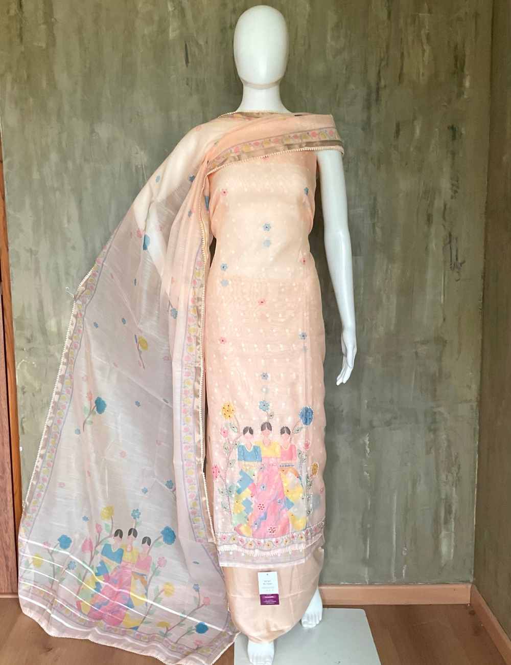 Jamdhani Silk Pearl Worked Designer Unstitched Salwar - Pastel Peach