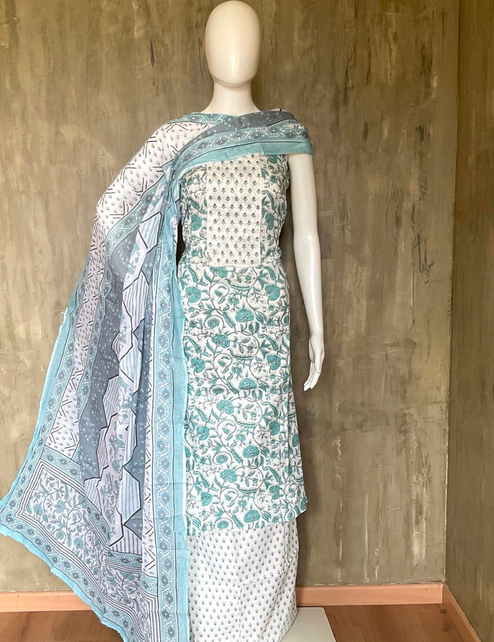 Hand Block Printed Unstitched Salwar - White