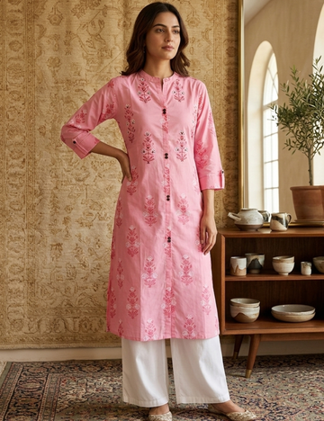 Hand Block Printed Cotton Aline Kurta - Pink