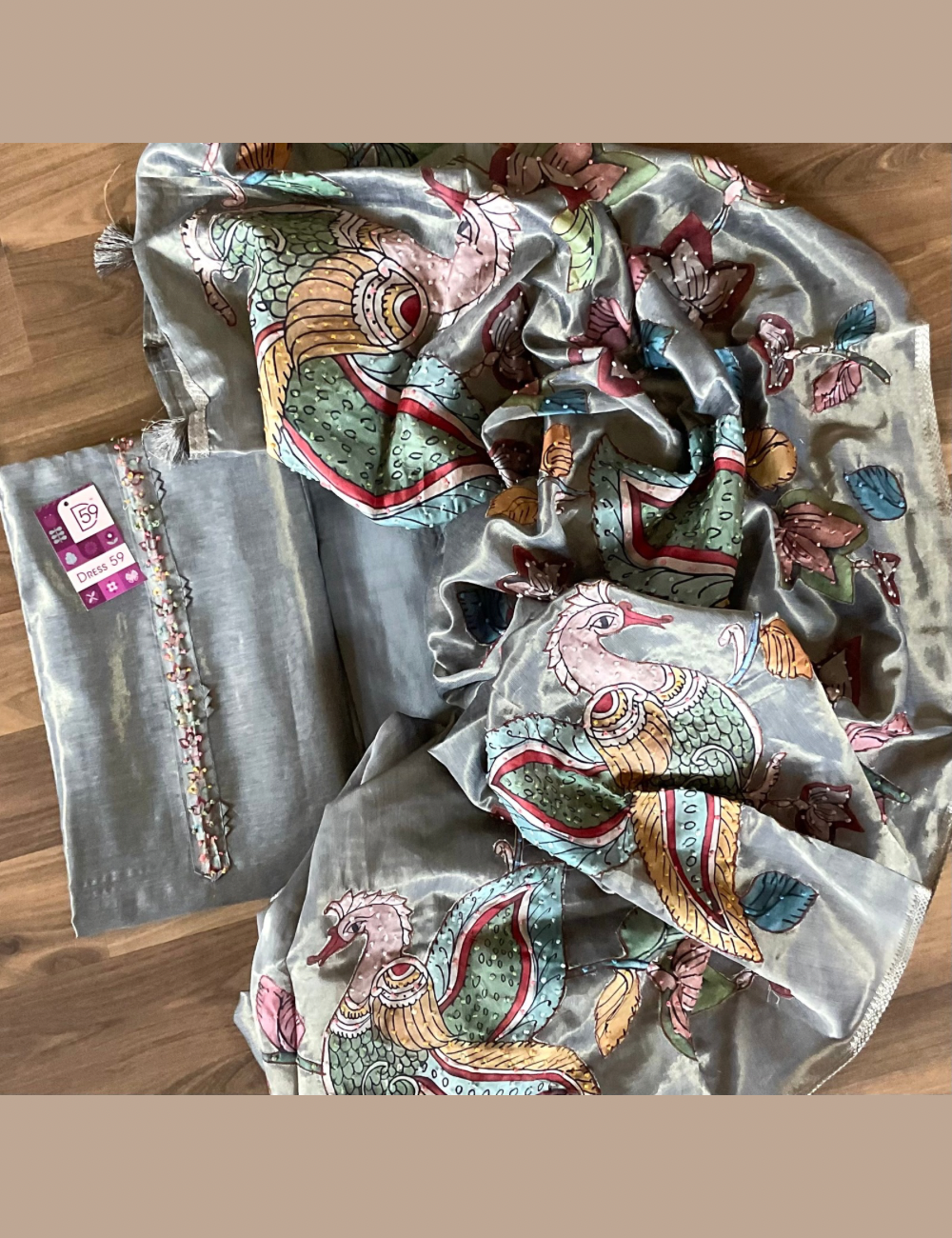 Tissue Silk Kalamkari Patchwork Designer Unstitched Salwar - Grey