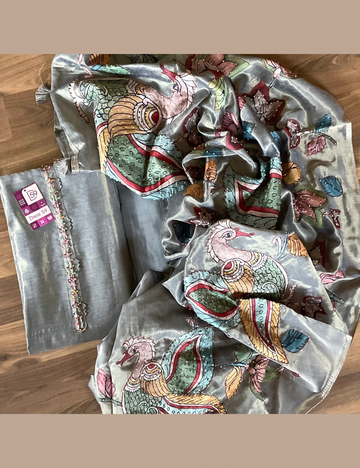 Tissue Silk Kalamkari Patchwork Designer Unstitched Salwar - Grey
