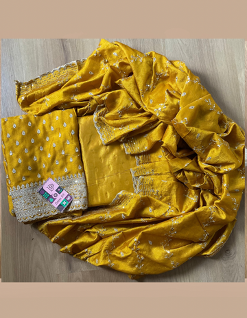 Dola Silk Ethnic Worked Designer Unstitched Salwar - Mustard Yellow