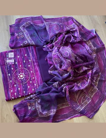 Ikat Cotton Pearl Worked Unstitched Salwar - Dark Purple