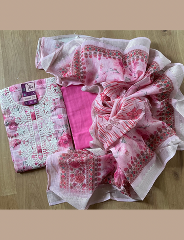Floral Printed Linen Cotton Unstitched Salwar - Pink