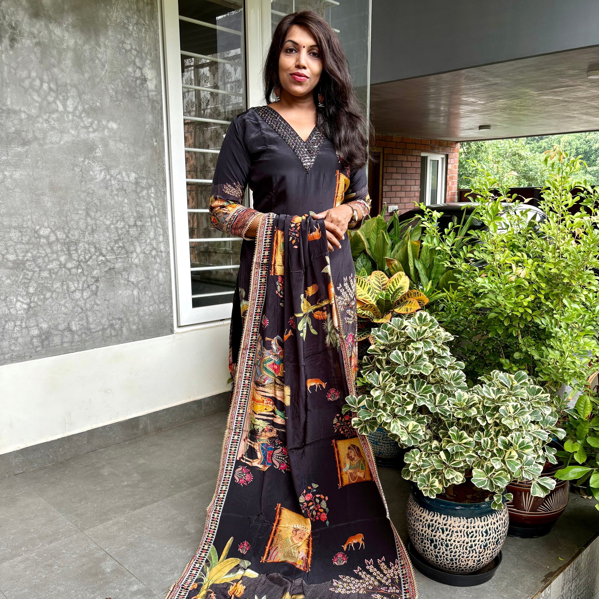 Ethnic Printed Modal Silk Designer Kurta Set - Black