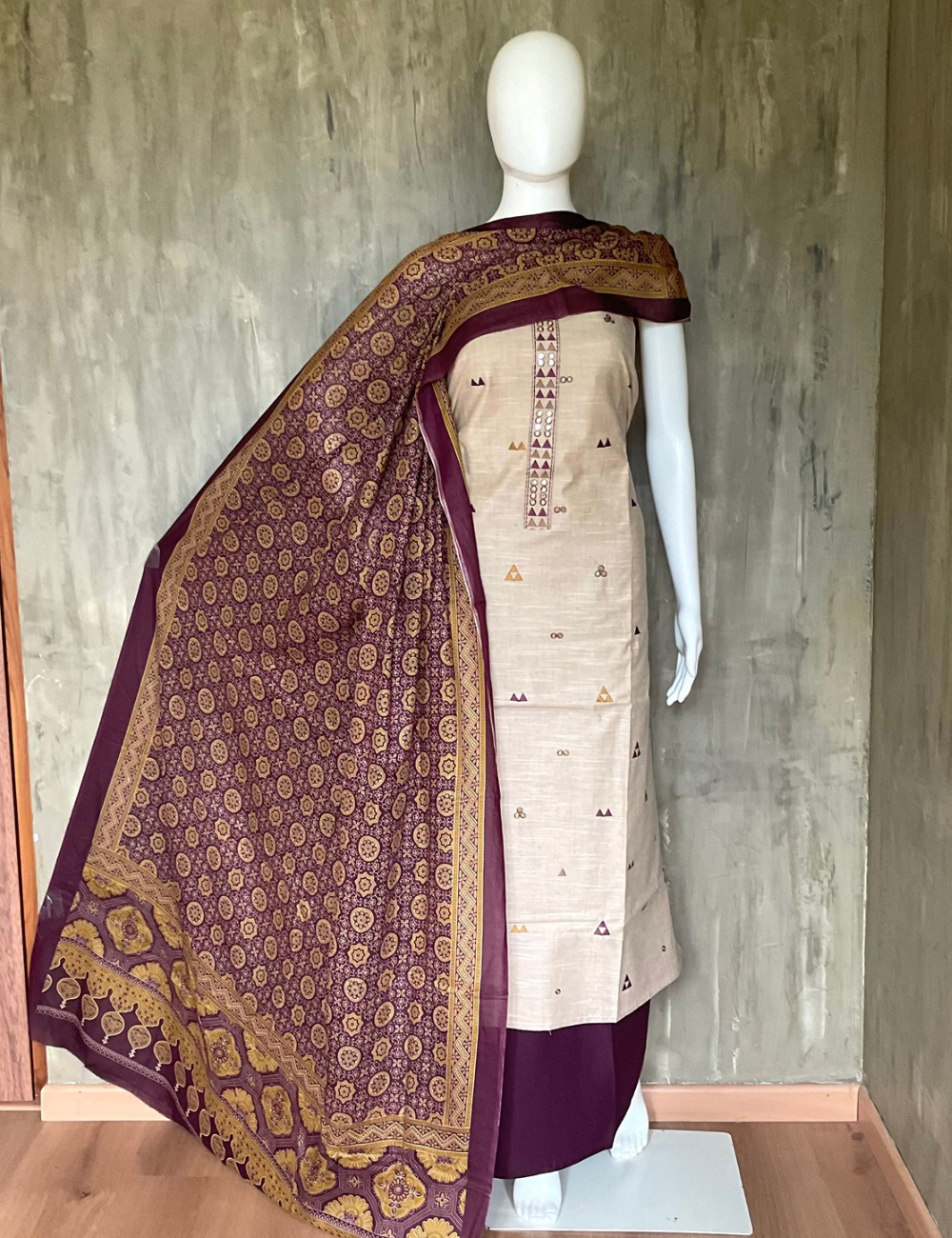 Khadhi Cotton Unstitched Salwar with Bandhini Cotton Dupatta - Beige