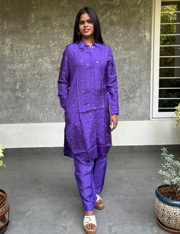Muslin Silk Embellished Designer Coord Set -Dark Purple
