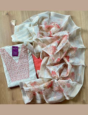Khadhi Cotton Silk Unstitched Salwar with Floral Work - Off White