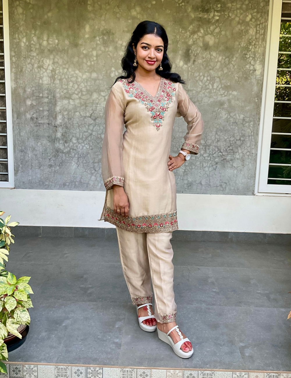 Soft Crushed Tissue Silk Designer Coord Set - Beige