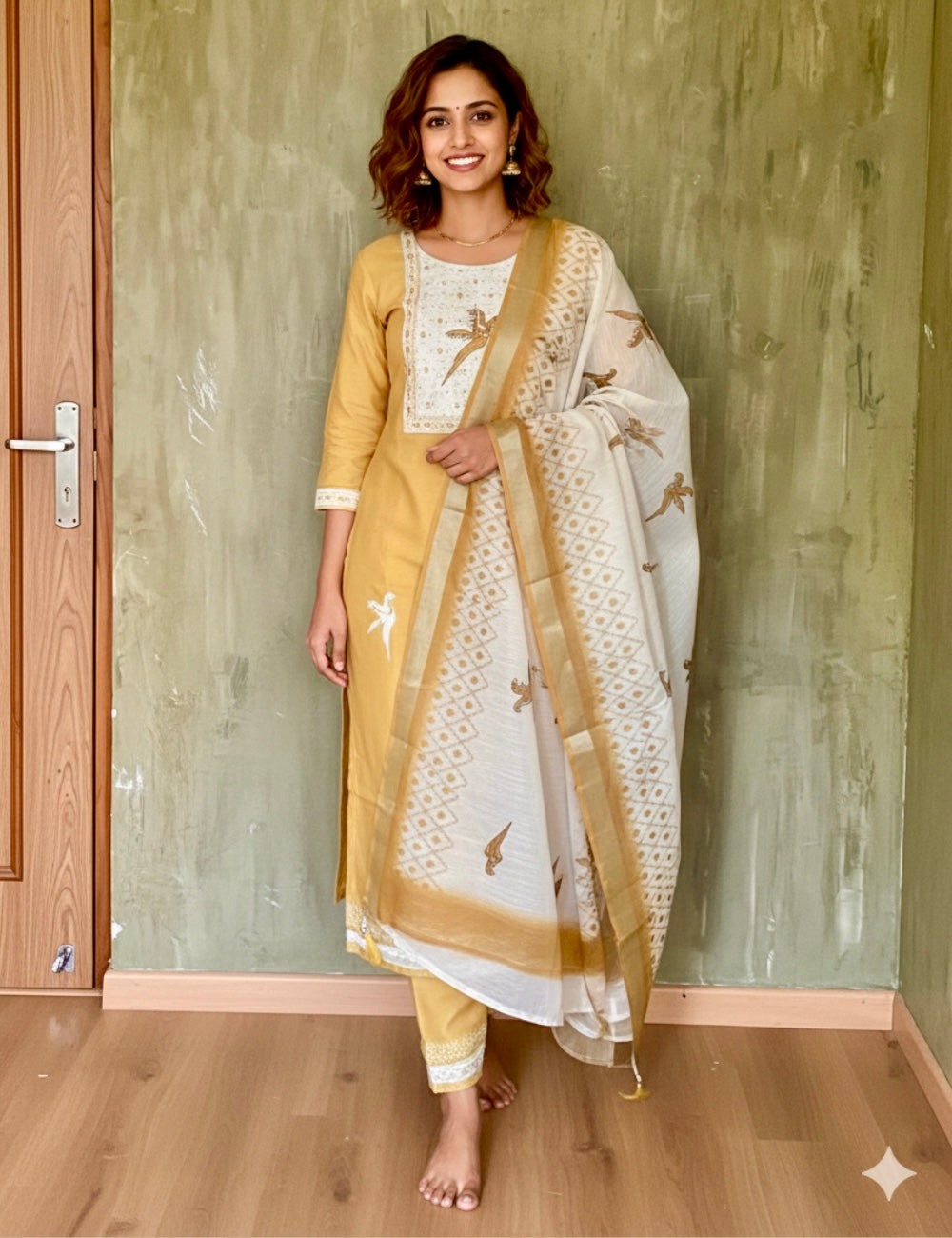 Bird Printed, Embroidered Cotton Unstitched Salwar - Mustard Yellow