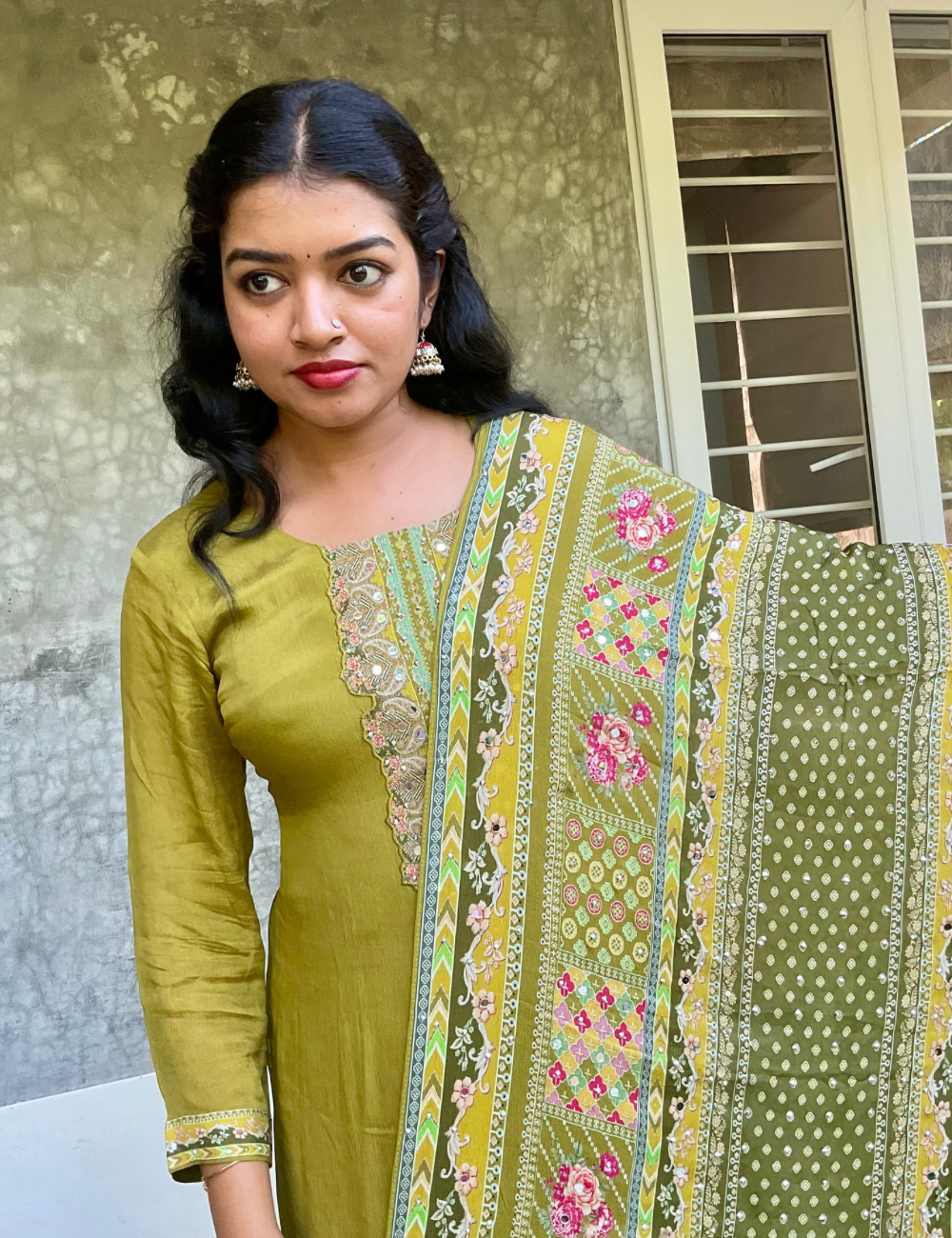 Chinon Silk Straight Cut Kurta Set with Heavy Mirror Work Dupatta - Olive Green