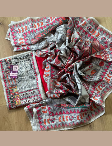 Ethnic Printed Muslin Silk Designer Unstitched Salwar - Off White