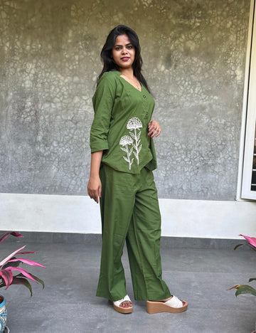Embroidered Pearl Worked Stylish Cotton Coord Set in Waist Coat Style - Green