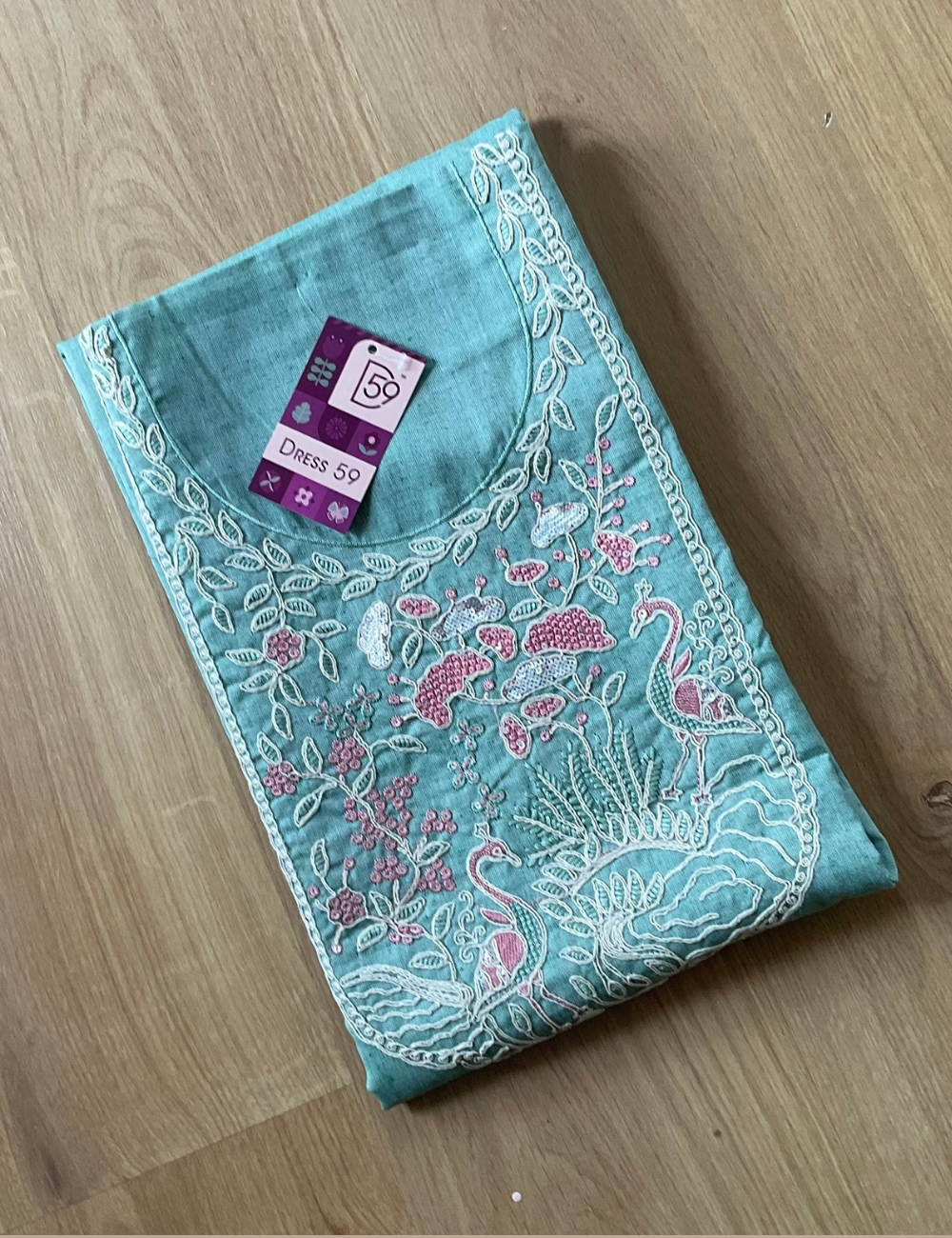 Bird Embroidery Designer Cotton Unstitched Salwar - Pastel Green