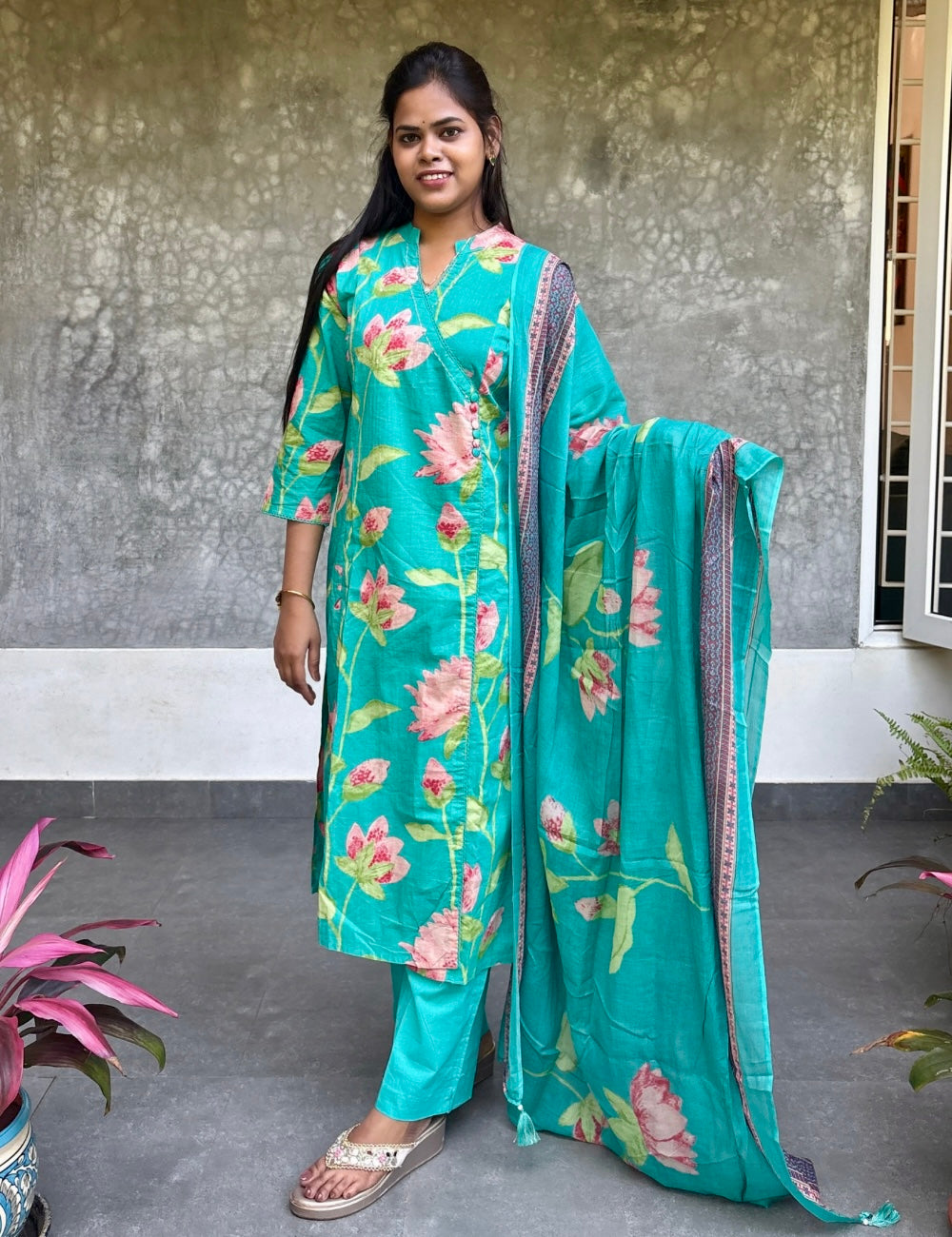 Floral Printed Cotton Angrakha Pattern Kurta Set - Turquoise Blue