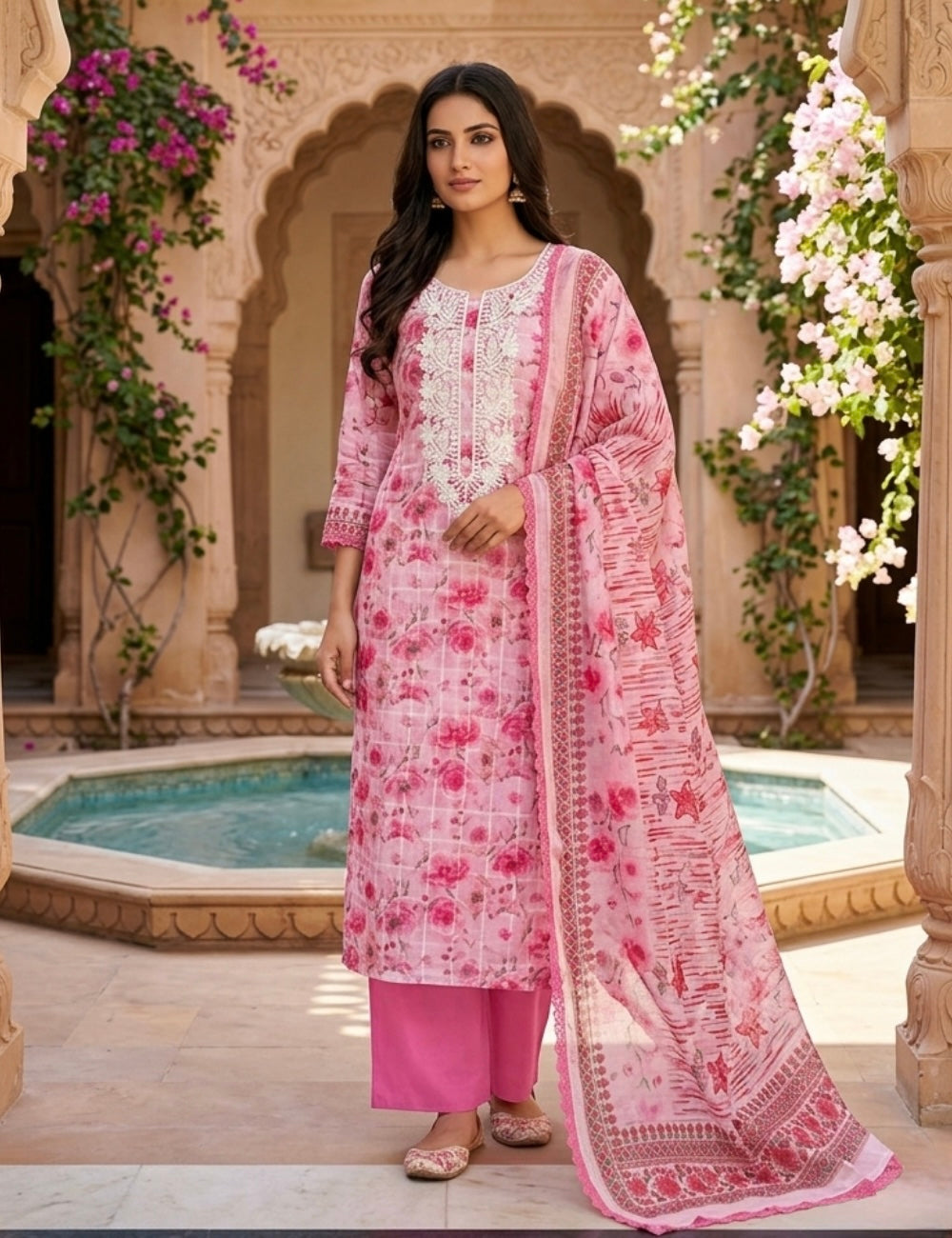 Floral Printed Linen Cotton Unstitched Salwar - Pink