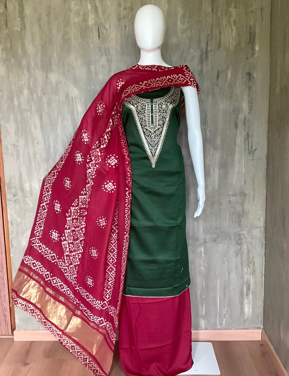 Soft Cotton Silk Designer Unstitched Salwar - Dark Green