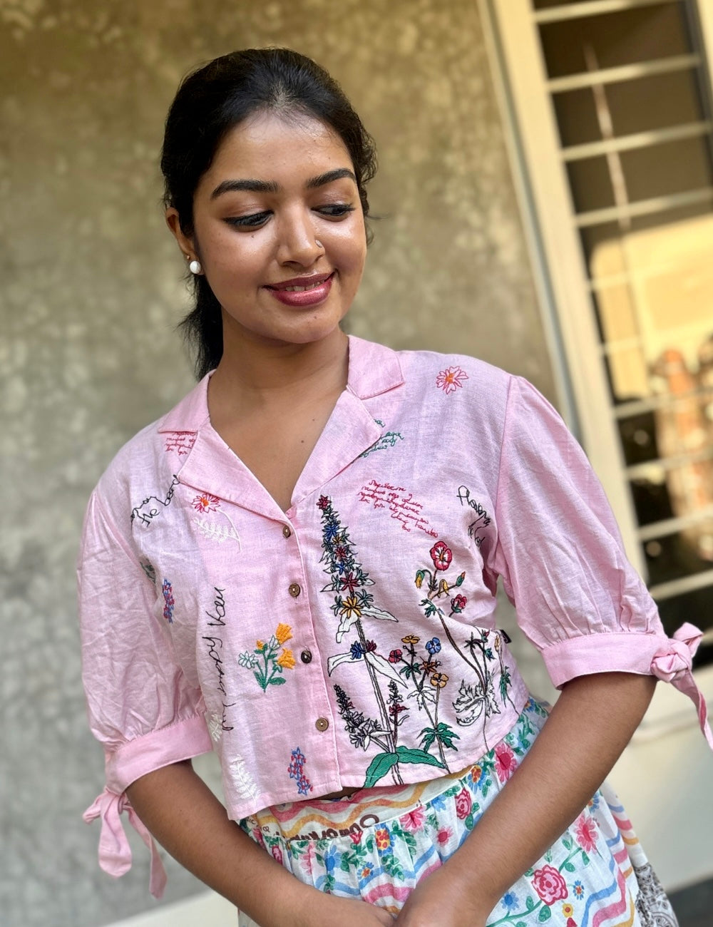 Floral Printed Mul Cotton Skirt with Embroidered Crop Top - Pink