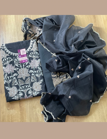 Floral Embroidered Soft Cotton Silk Unstitched Salwar - Black