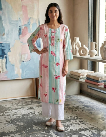 Rayon Cotton Floral Printed Straight Cut Kurta - White
