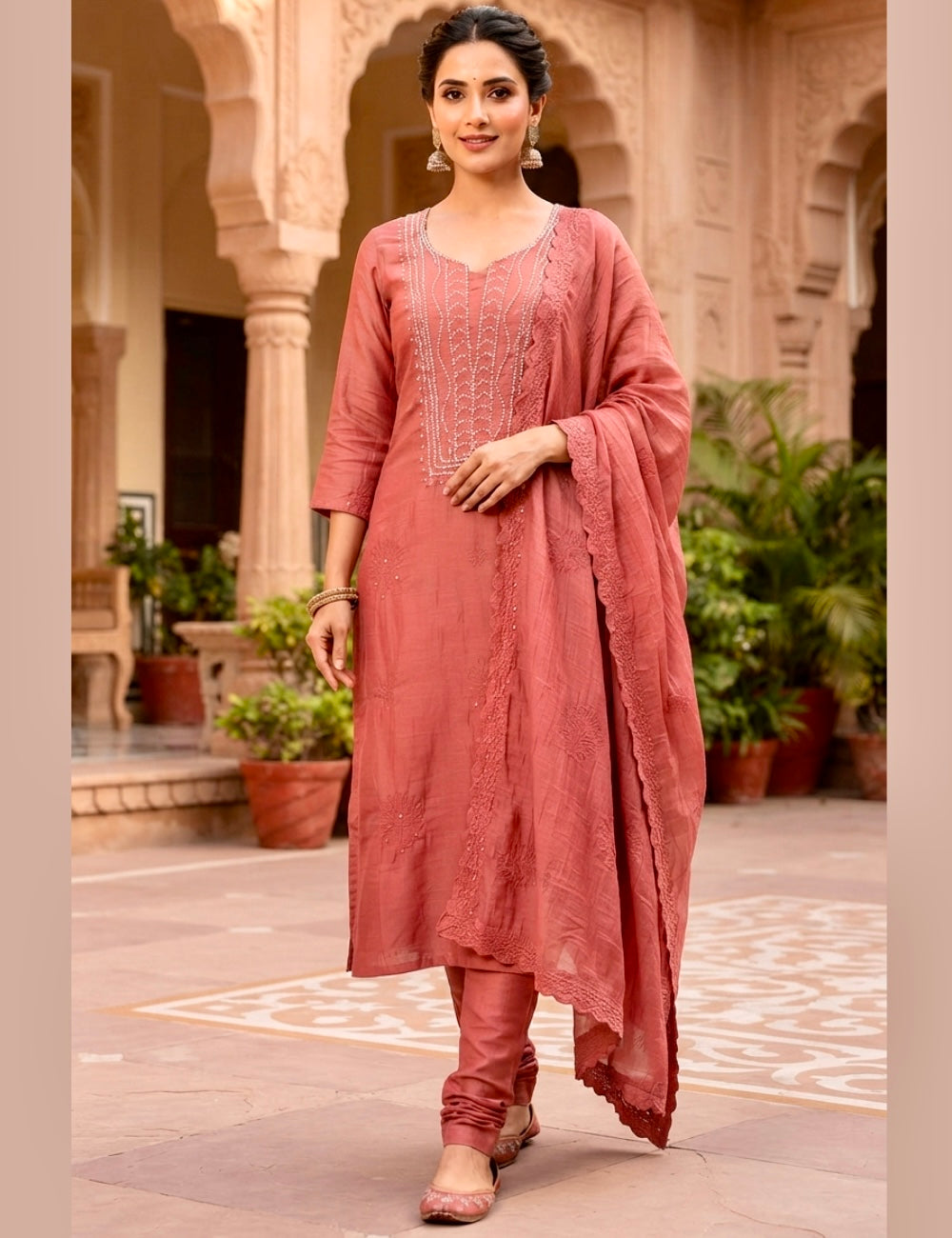 Peral Worked Mul Chanderi Designer Unstitched Salwar - Rust Orange