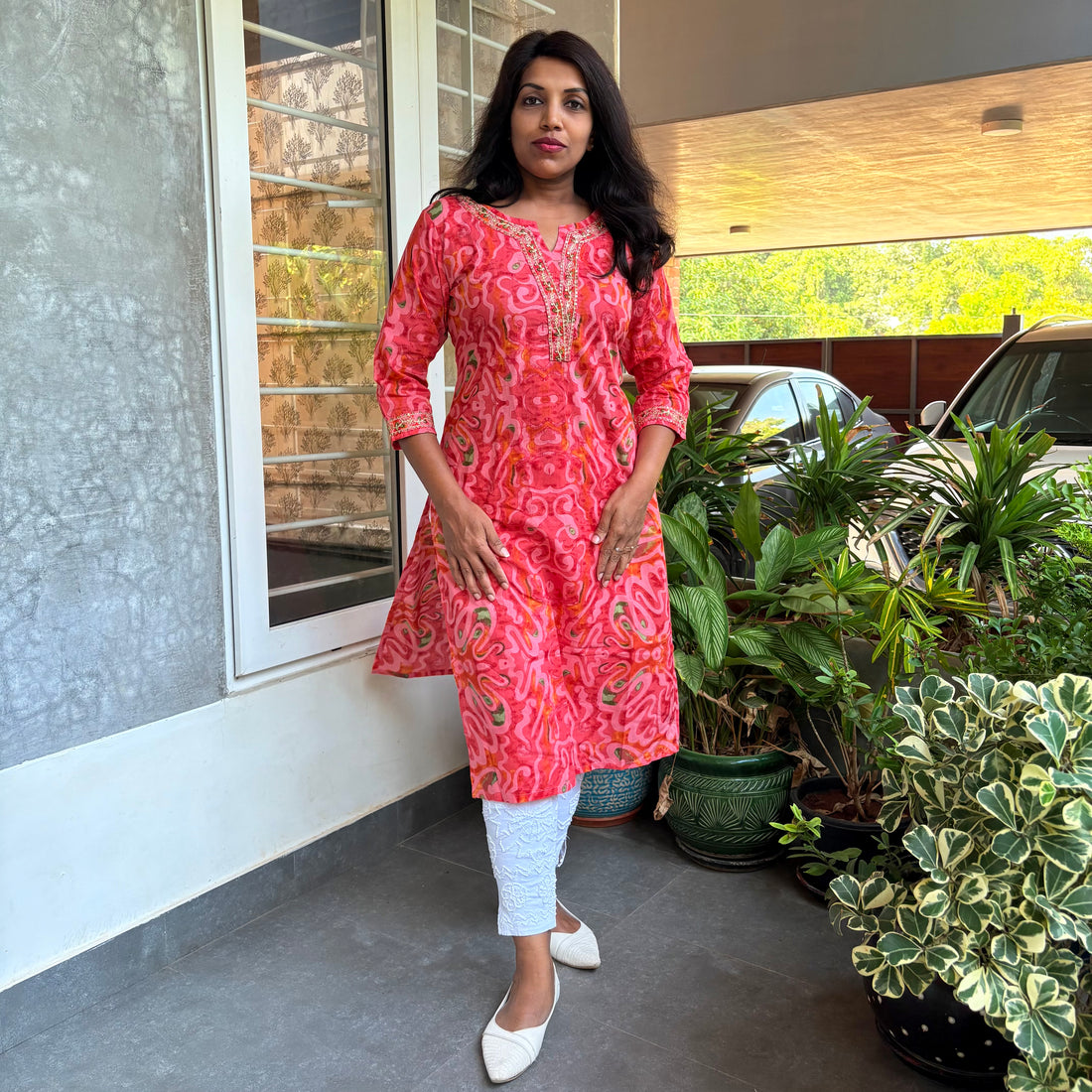 Abstract Printed Straight Cut Cotton Kurta - Bright Pink