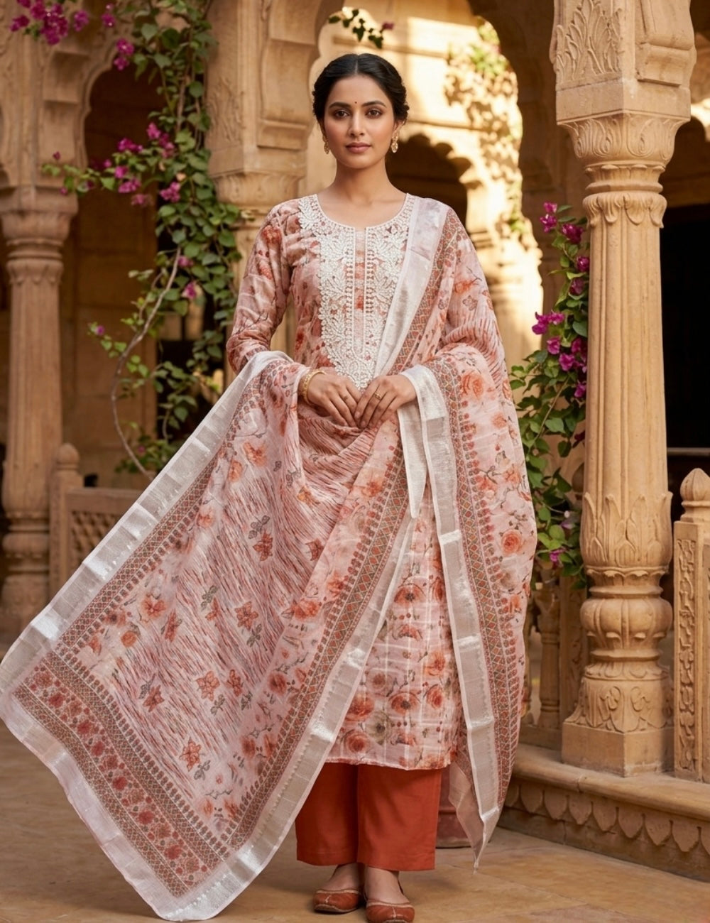 Floral Printed Linen Cotton Unstitched Salwar - Peach