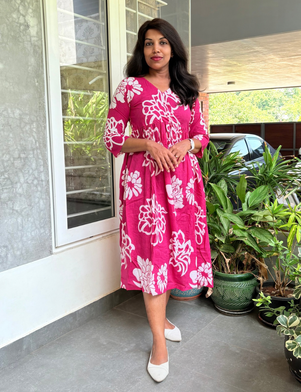 Floral Printed Aline Midi Style Dress - Rani Pink