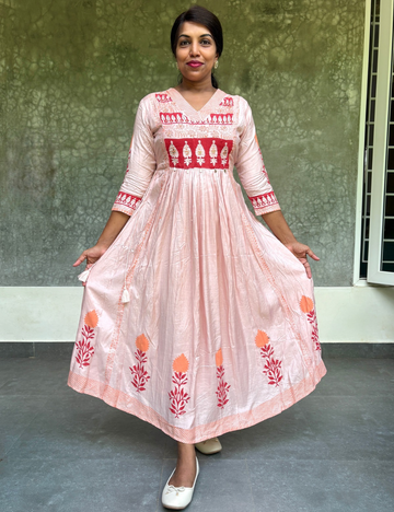 Muslin Silk Hand Block Printed Designer Midi Style Dress - Light Pink