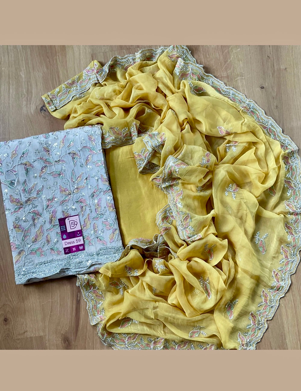 Muslin Silk Embellished Designer Unstitched Salwar - Beige with Yellow Combo