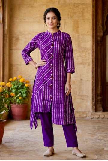 Muslin Silk Bandhini Printed Asymmetric Kurta Set - Purple