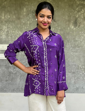 Bandhini Printed Semi Crepe Silk Shirt – Purple