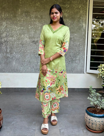 Soft Cotton Silk Floral Printed Kurta Set - Light Green