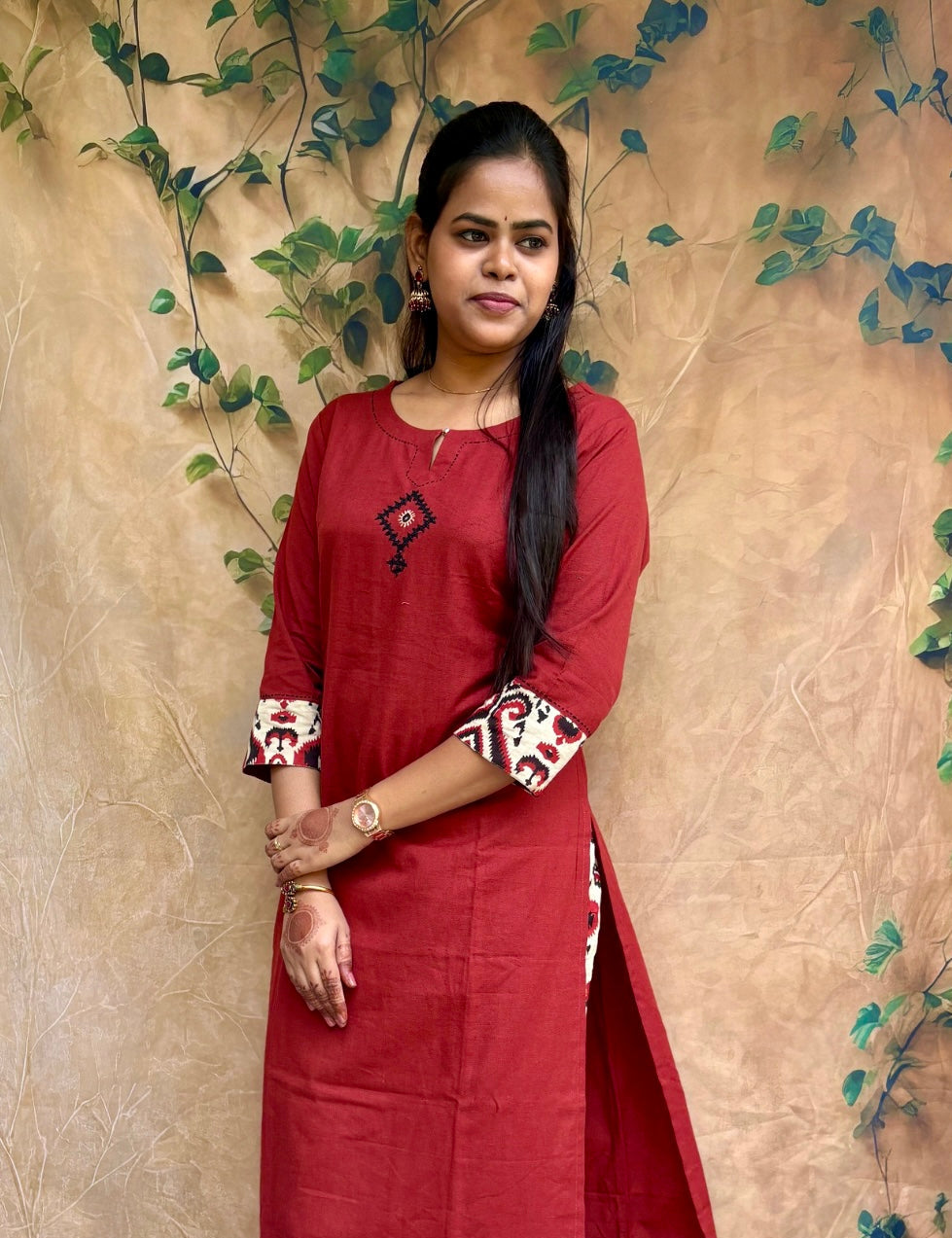 Budget Friendly Cotton Casual Wear Kurta set with Ikat Bottom - Rust Brown