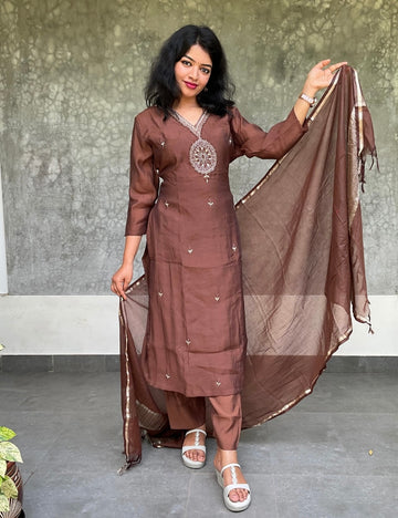 Roman Silk Embellished Designer Kurta Set with Mul Chanderi Dupatta - Brown