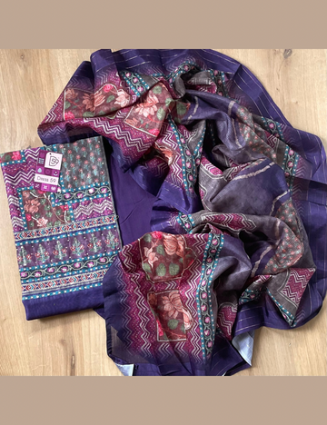 Chanderi Silk Ethnic Printed Designer Unstitched Salwar - Dark Purple