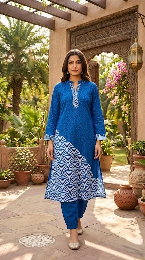 Soft Muslin Silk Aline Designer Kurta Set - Royal Blue