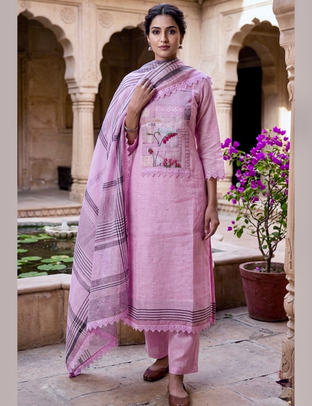 Jute Cotton Floral Printed Designer Unstitched Salwar - Pink