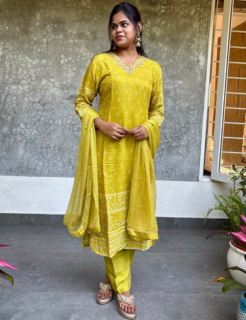 Bandhini Printed Organza Designer Kurta Set with Pretty Embellishments - Lime Green