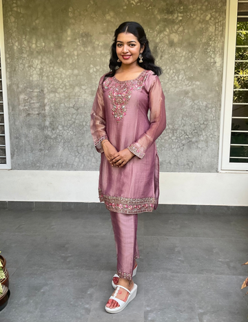 Soft Crushed Tissue Silk Designer Coord Set - Onion Pink