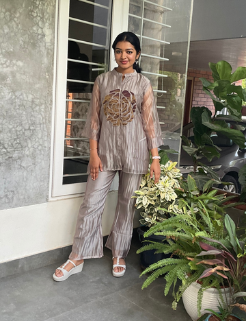Designer Soft Tissue Silk Co-Ord Set - Taupe Grey