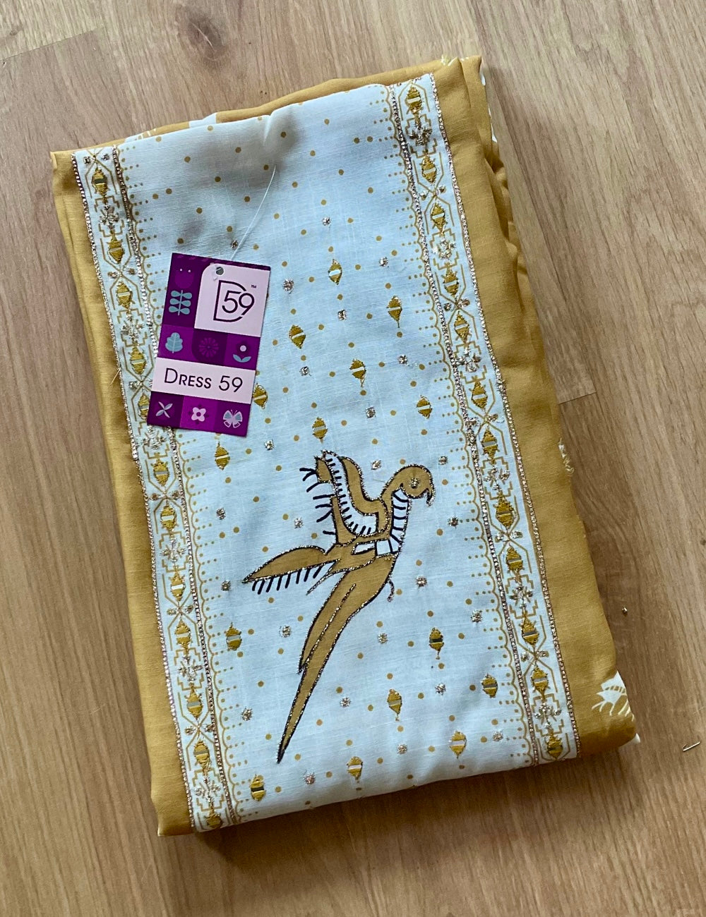 Bird Printed, Embroidered Cotton Unstitched Salwar - Mustard Yellow