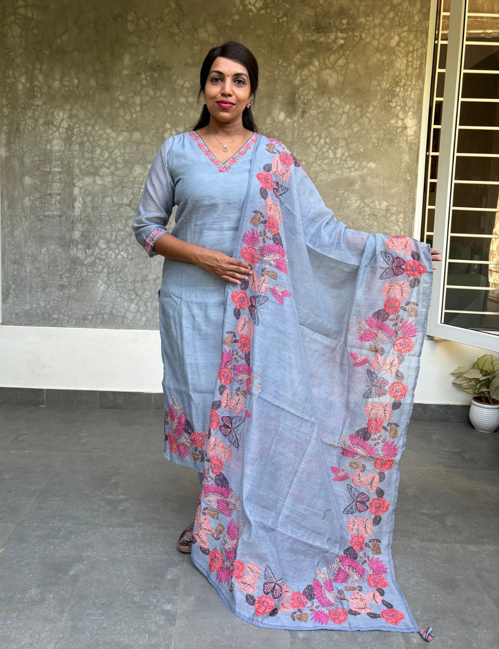 Chanderi Silk Floral Printed Designer Kurta Set with Kantha Work - Powder Blue