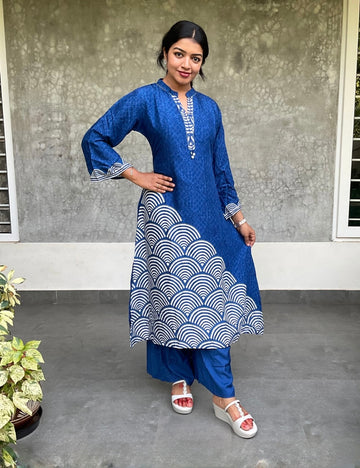 Soft Muslin Silk Aline Designer Kurta Set - Royal Blue
