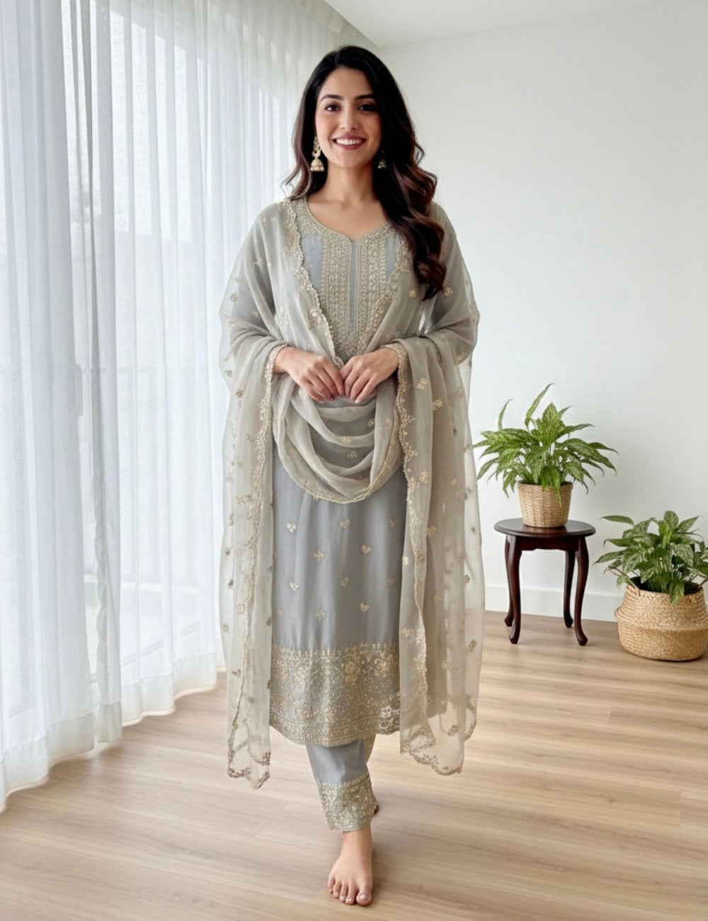 Muslin Silk Silver Thread Worked Designer Unstitched Salwar - Light Grey