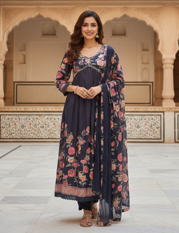 Rayon Cotton Floral Printed Alia Cut Designer Kurta Set - Dark Grey