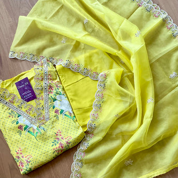 Muslin Silk Designer Semi Stitched Salwar - Lemon Yellow