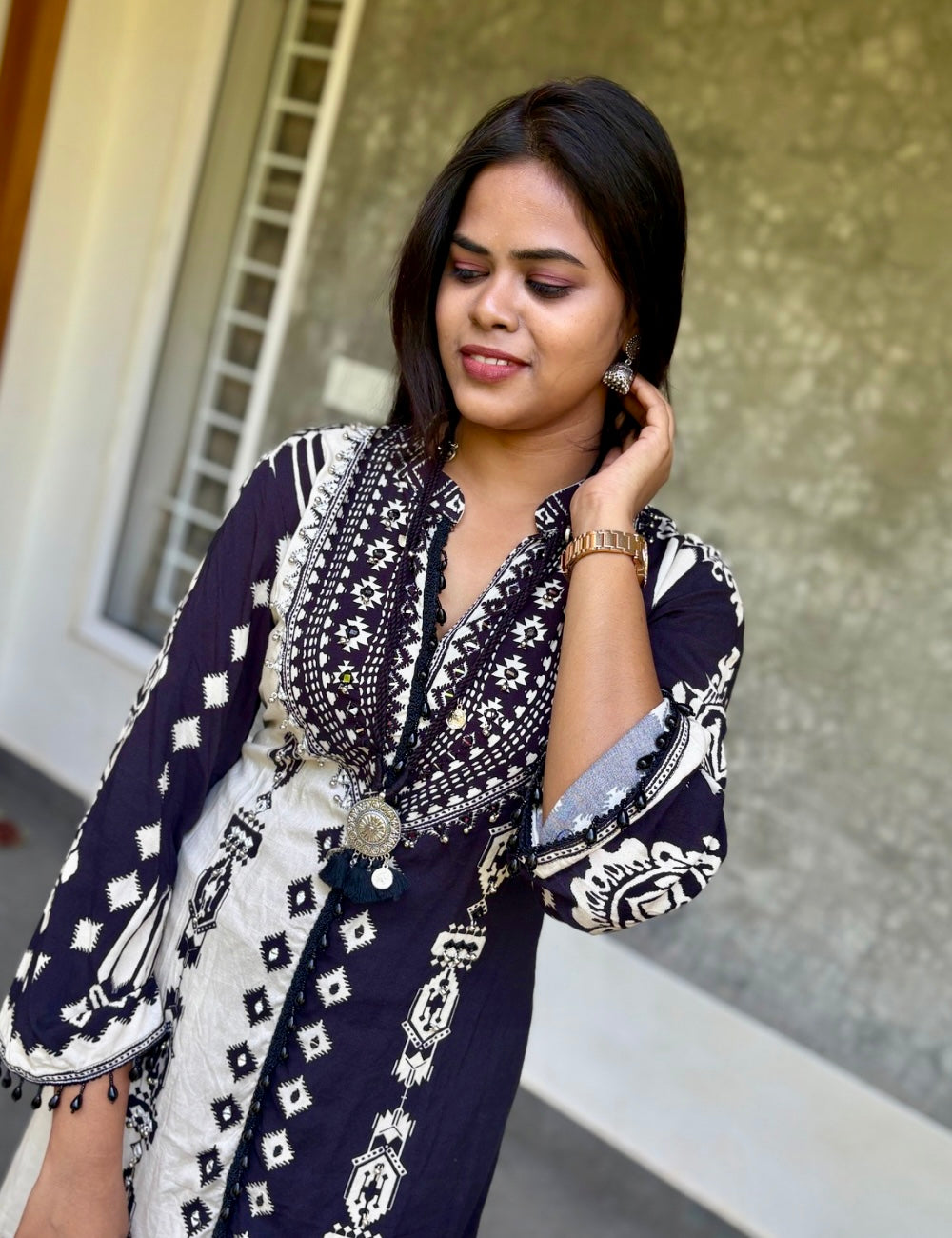 Soft Rayon Cotton Designer Kurta Set with Ethnic Prints - Black